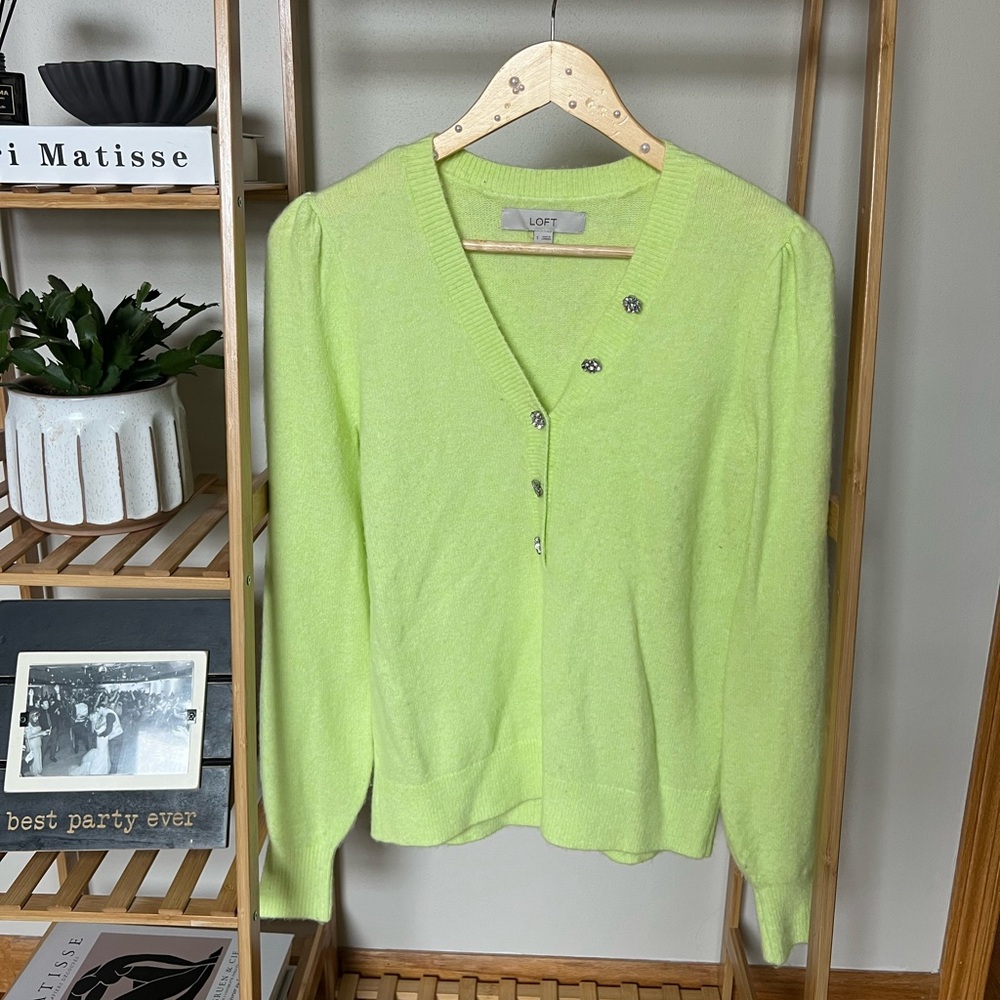 Acid Yellow Flower Button V Neck Sweater